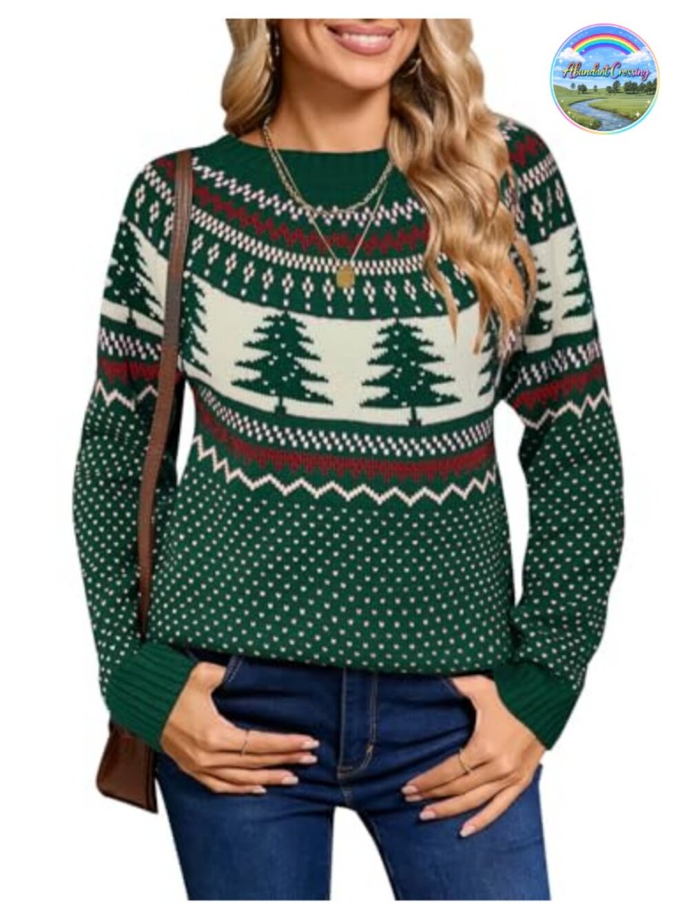 Fair Isle Pullover Sweater Lightweight Acrylic Knit Crew Neck